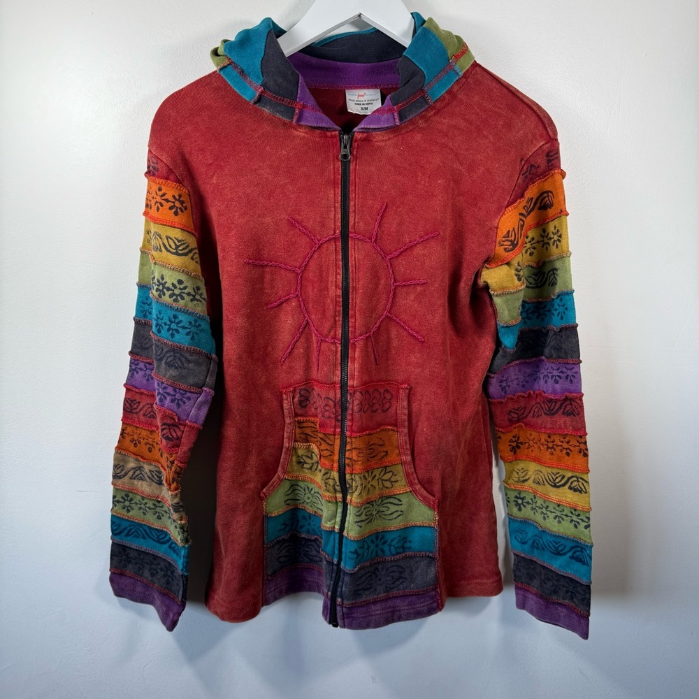 GreaterGood Network Nepal-Made Boho Patchwork Hoodie Size:S/M - Embroidered Sun